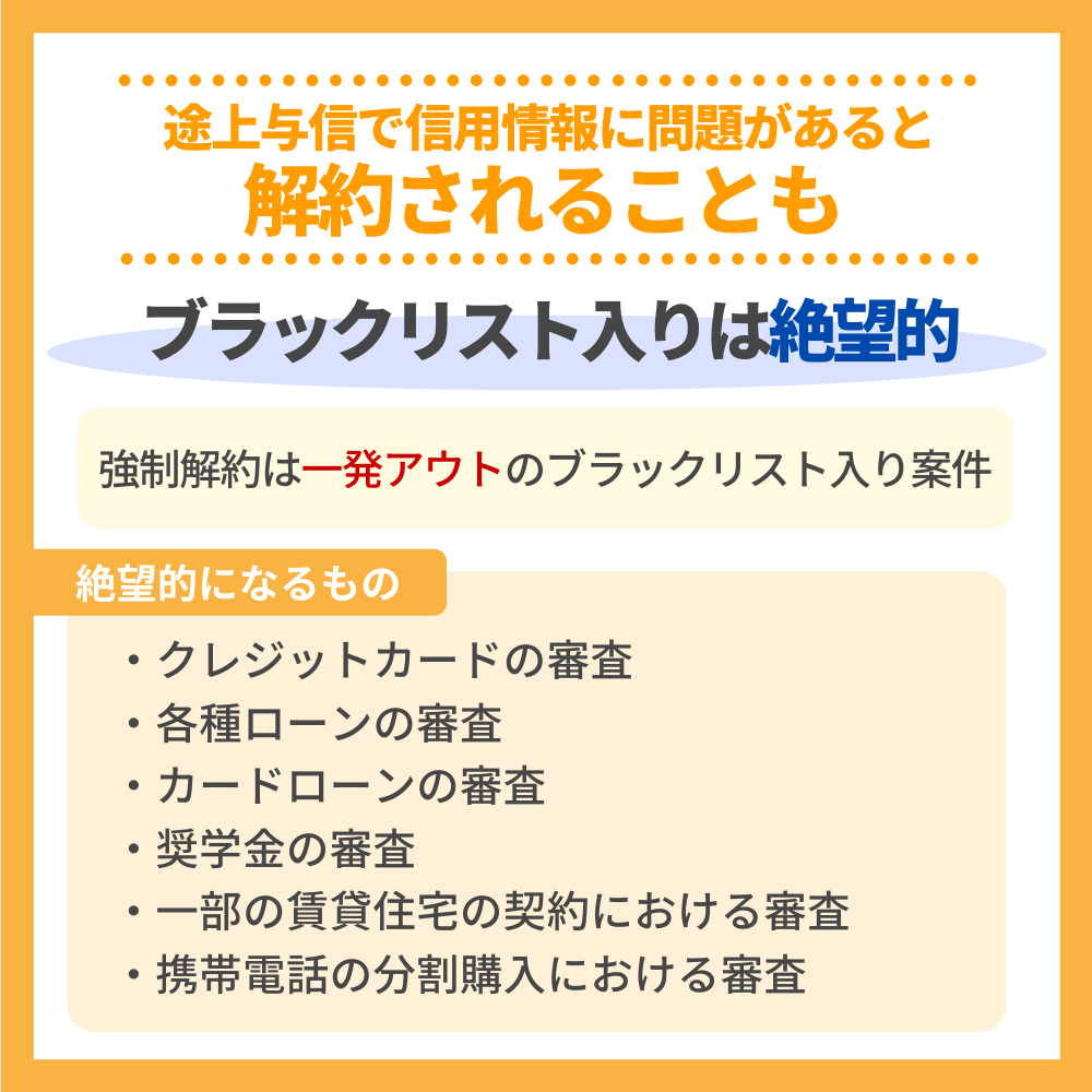 途上与信で信用情報に問題があるとクレジットカードを解約されることも