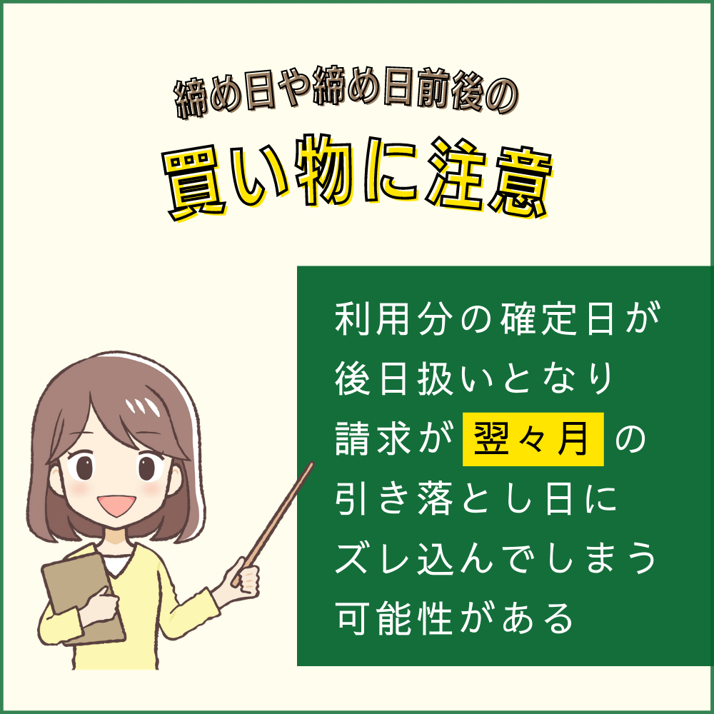 クレジットカードの締め日や締め日前後に買い物した場合、翌月の扱いになる場合も