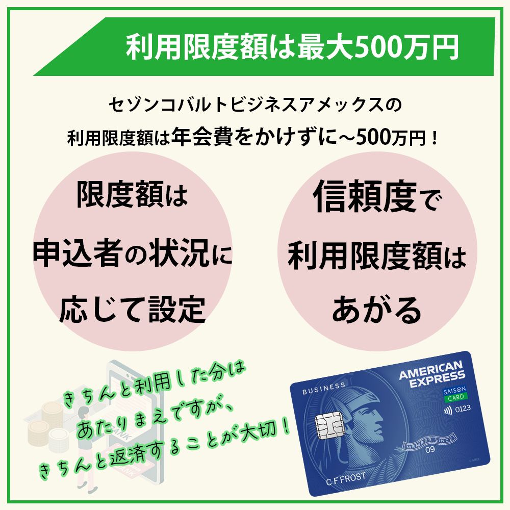 セゾンコバルトビジネスアメックスの利用限度額は最大500万円まで